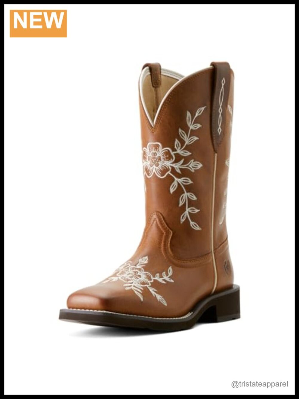 Leather Mid-Calf Cowgirl Boots Embroidered Geometric Pull-On Block Heel